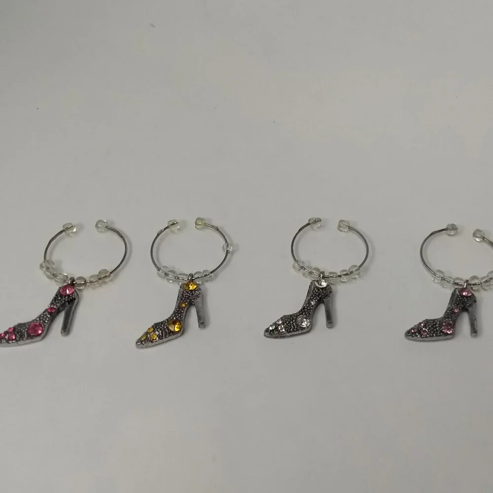 High Heel Bead Wine Glass Charms Set 4 Multicolor Silver Tone Dazzling Divas